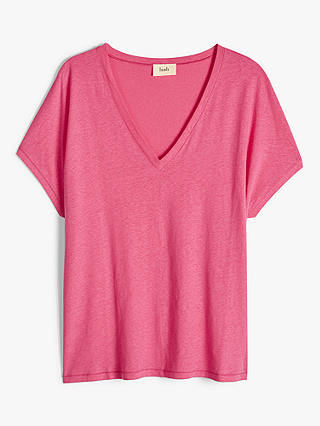 HUSH Danny Deep V-Neck Linen Blend T-Shirt, Bright Pink