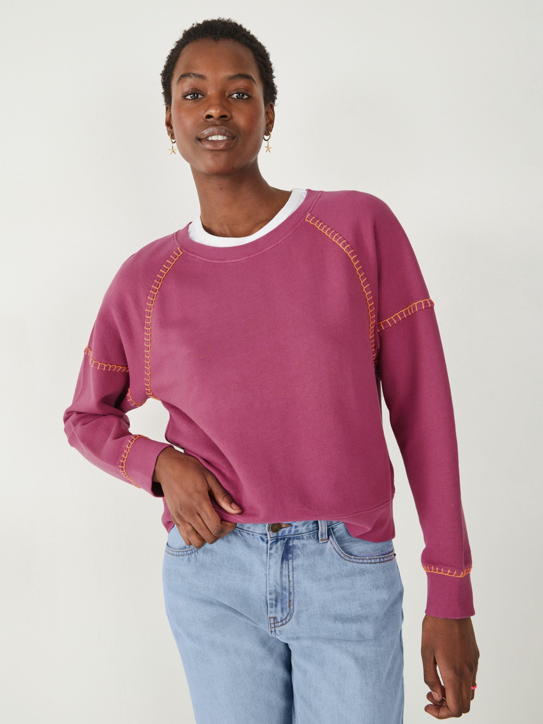 HUSH Contrast Stitch Sweatshirt, Fuchsia Pink at John Lewis & Partners
