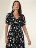 Ro&Zo Floral Print V Neck Button Through Midi Dress, Black/Multi