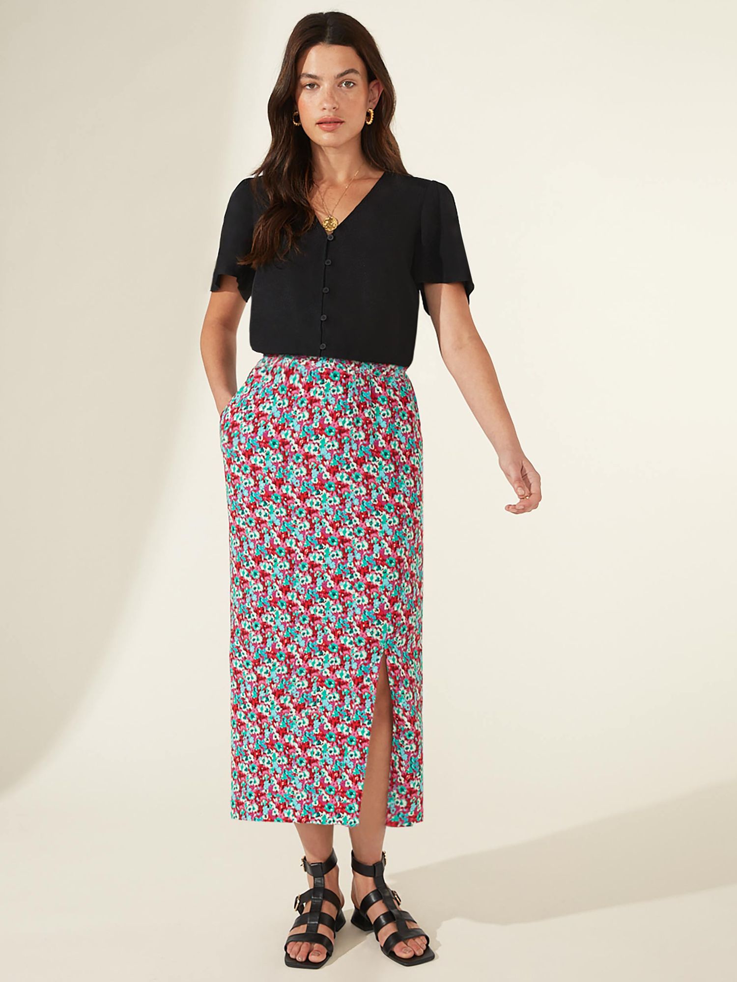 Buy Ro&Zo Ditsy Print Shirred Waist Midi Skirt, Pink/Multi Online at johnlewis.com