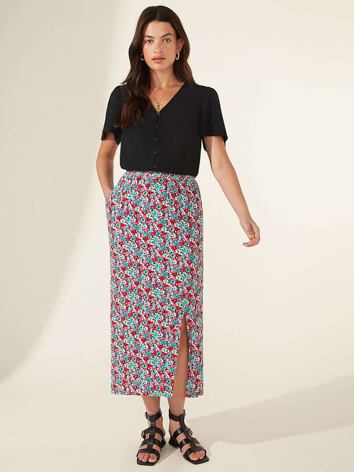 Buy Ro&Zo Ditsy Print Shirred Waist Midi Skirt, Pink/Multi Online at johnlewis.com