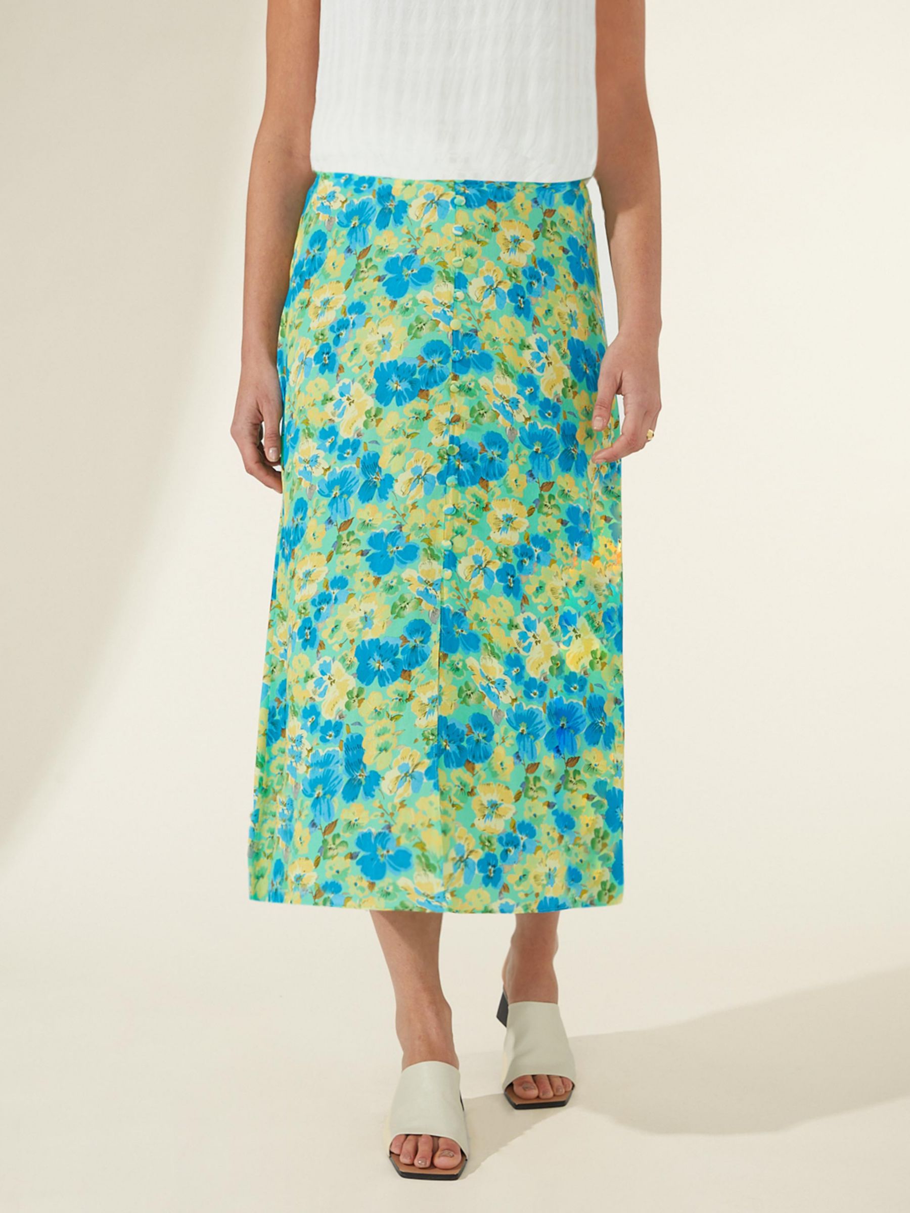 Ro&Zo Floral Print Button Skirt, Blue at John Lewis & Partners
