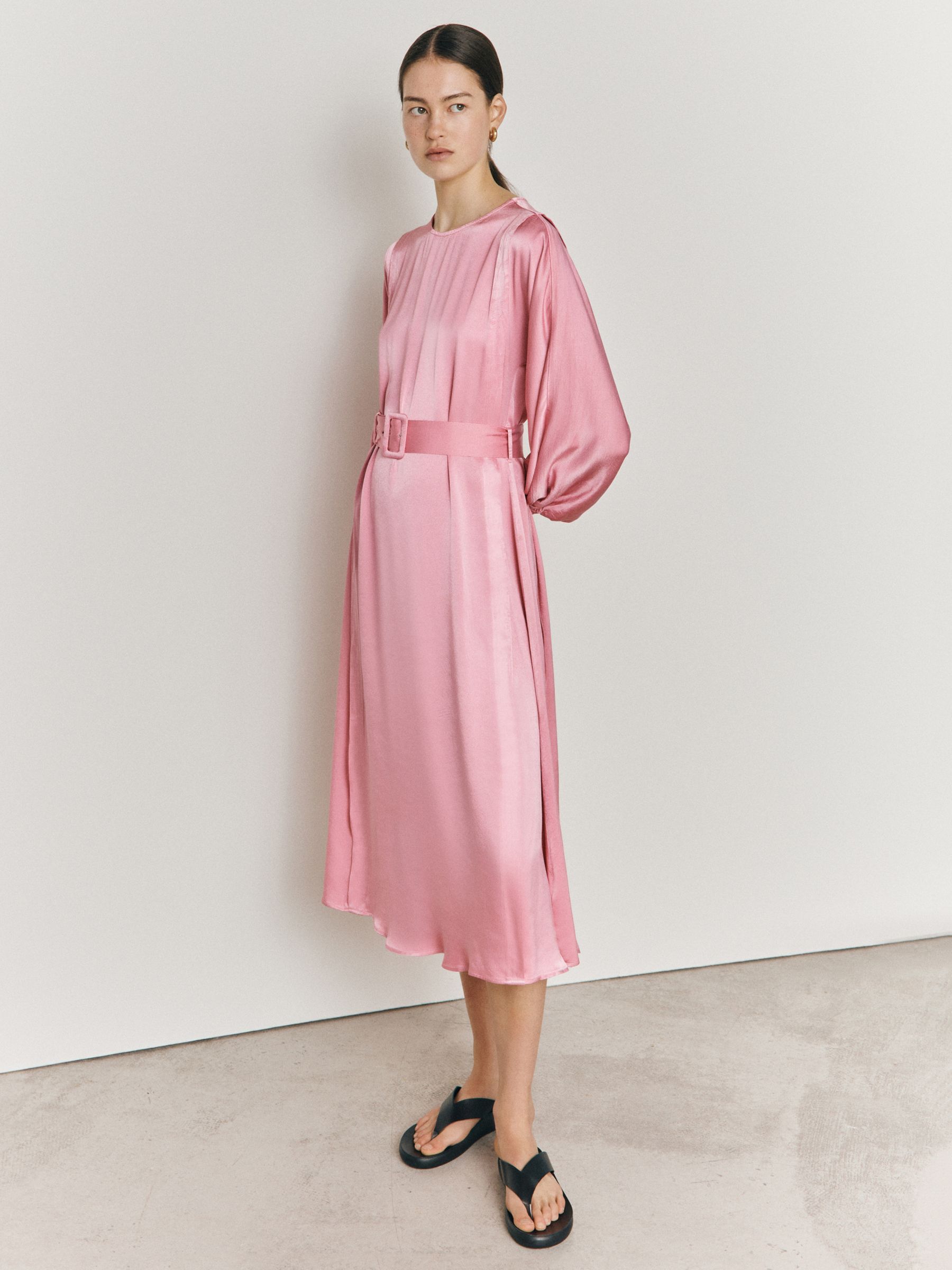 Ghost Delia Satin Midi Dress, Pink at John Lewis & Partners