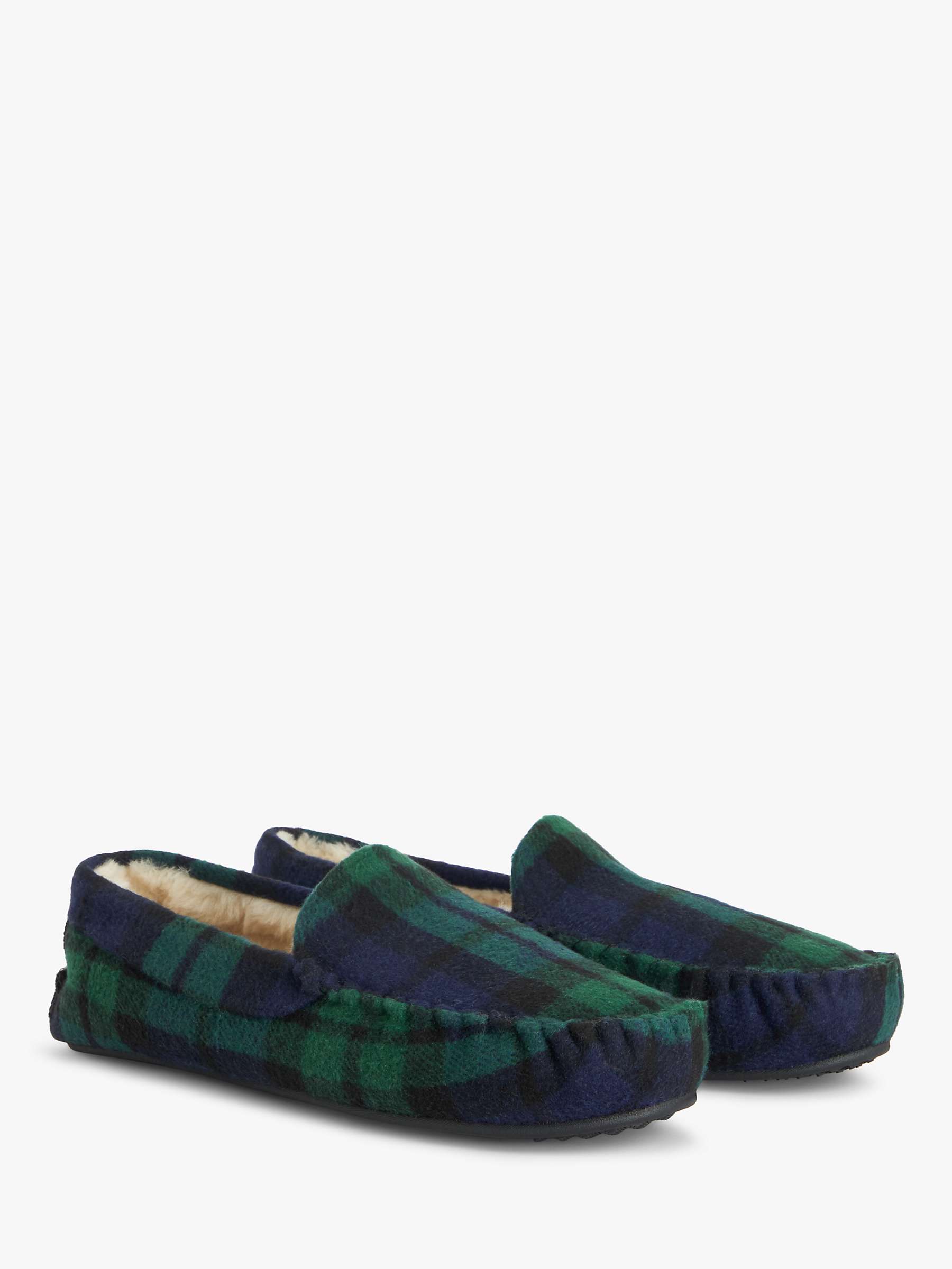 Buy John Lewis Faux Fur Check Moccasin Slippers, Green/Blue Online at johnlewis.com