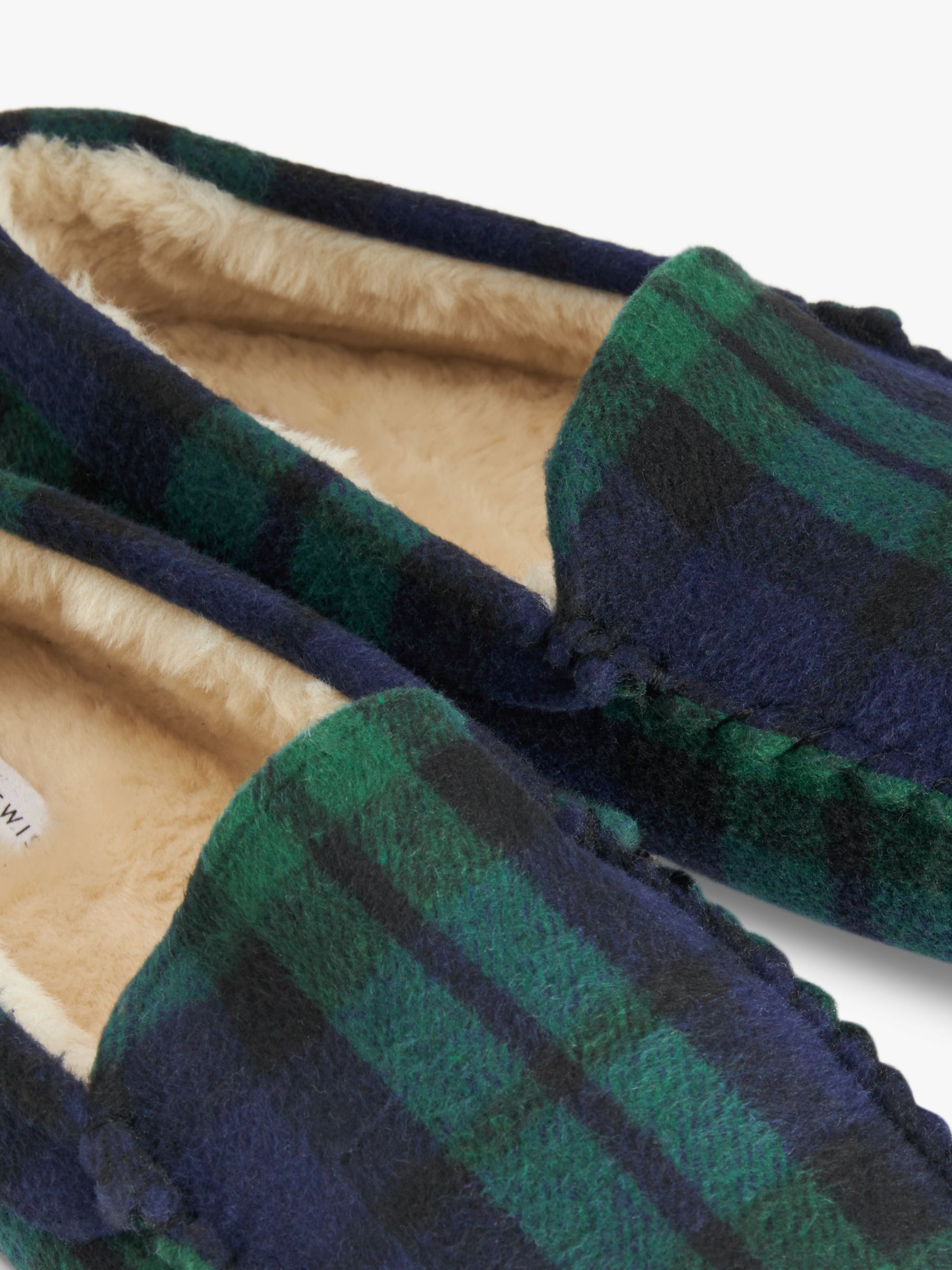 John Lewis Faux Fur Check Moccasin Slippers, Green/Blue, 12