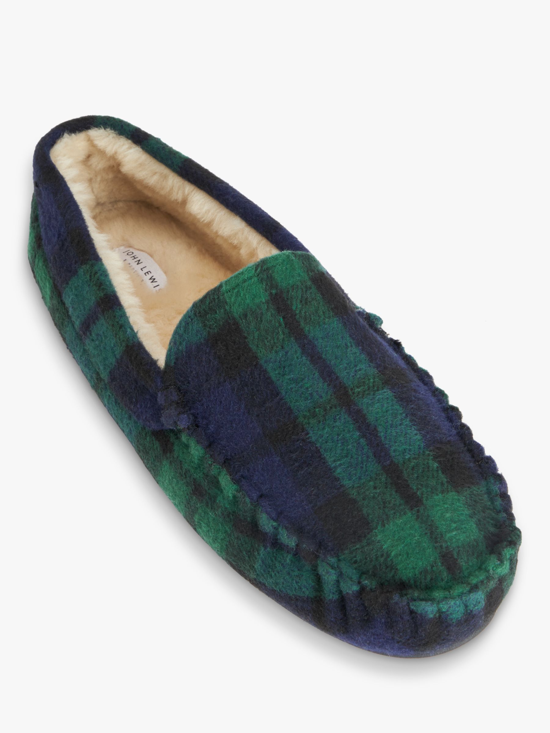John Lewis Faux Fur Check Moccasin Slippers, Green/Blue, 12