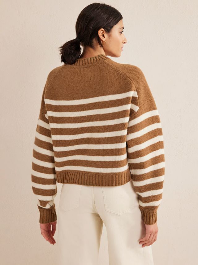 Boden Brushed Wool Cropped Jumper, Brown/White, XS
