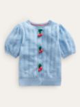 Mini Boden Kids' Cherry Detail Crochet Cardigan, Brunnera Blue