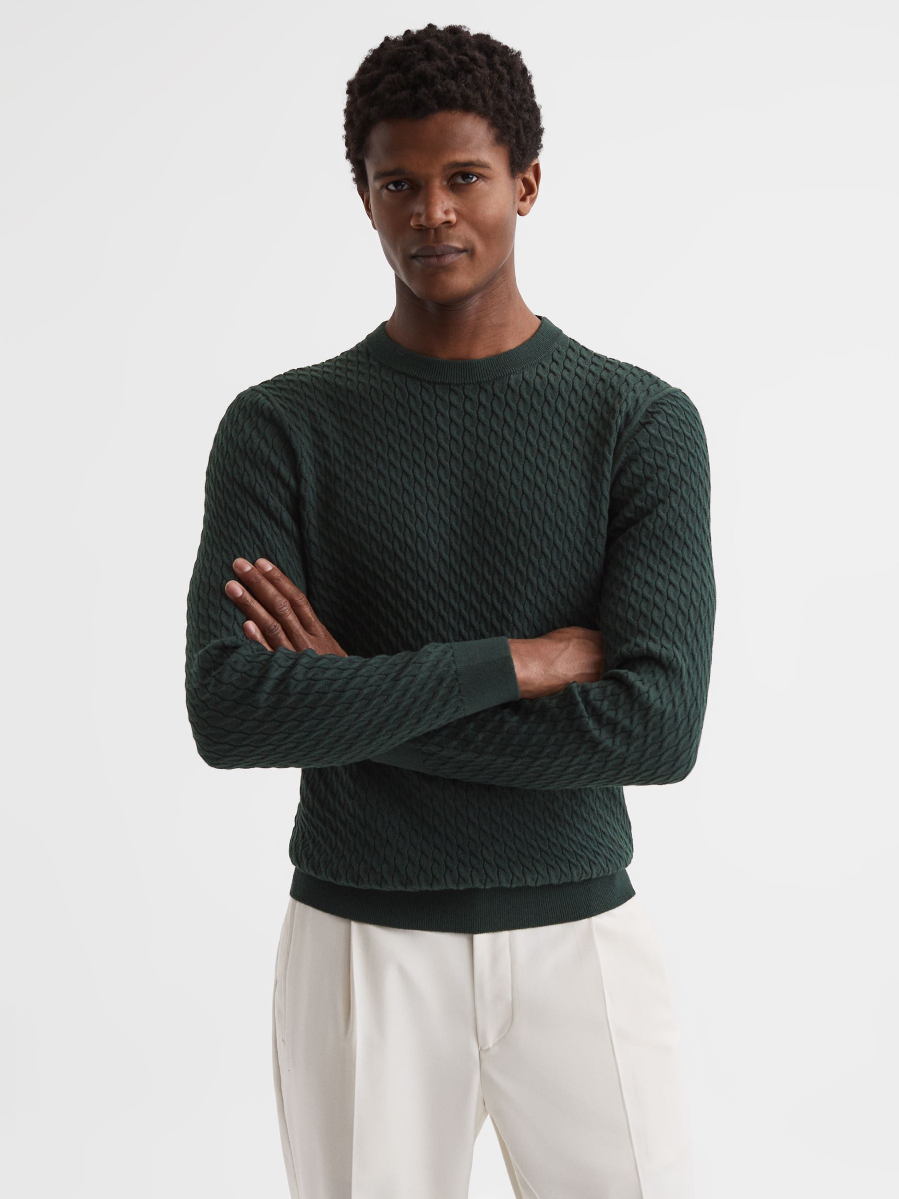 Reiss Arran Knit Cotton Blend Jumper, Dark Forest Green at John Lewis ...