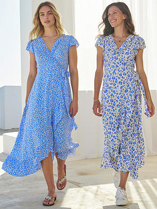 Aspiga Demi Floral Print Wrap Midi Dress, Daisy Flower Blue