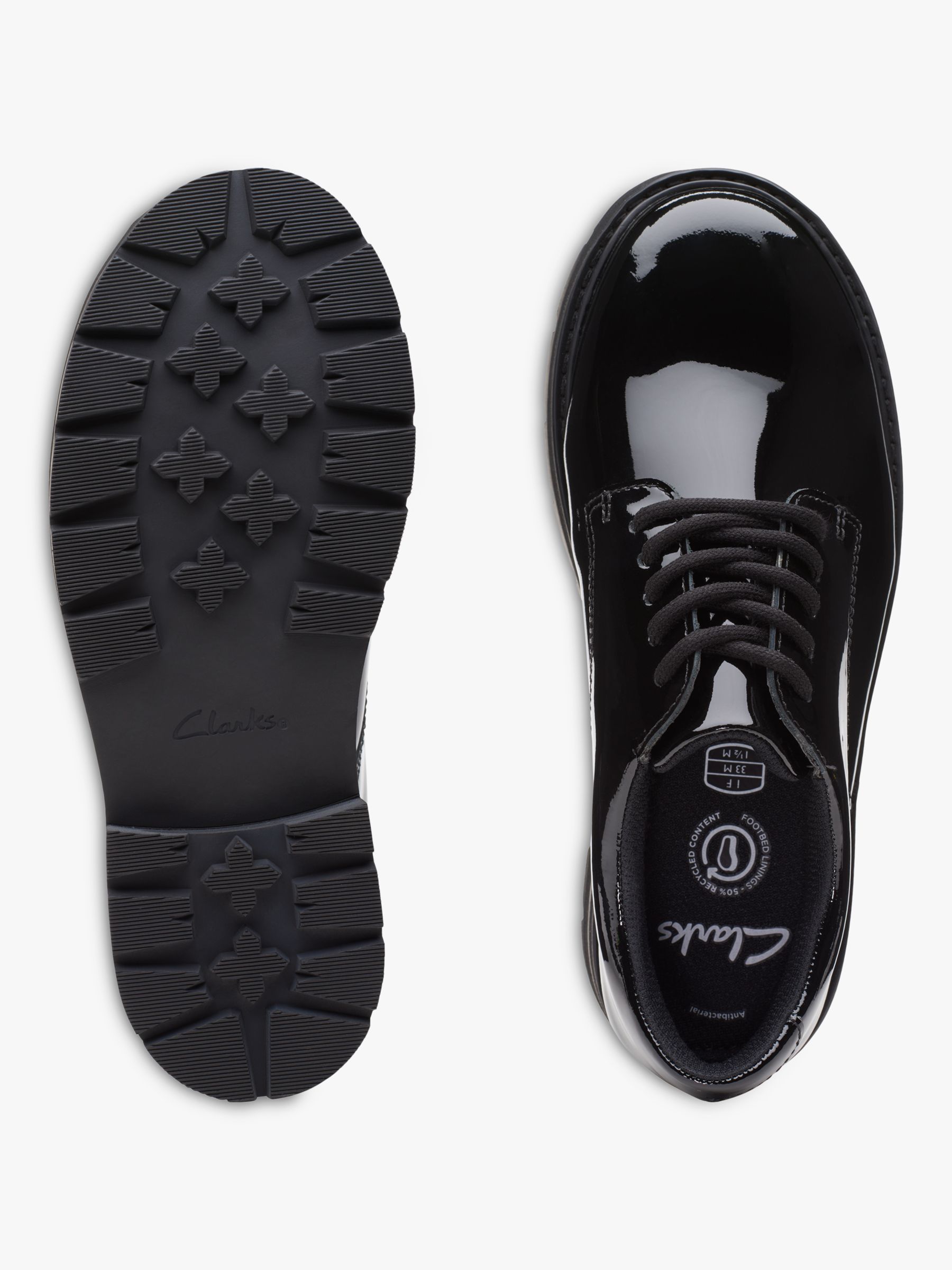 Clarks Kids' Prague Lace Up Patent Leather School Shoes, Black, 3F