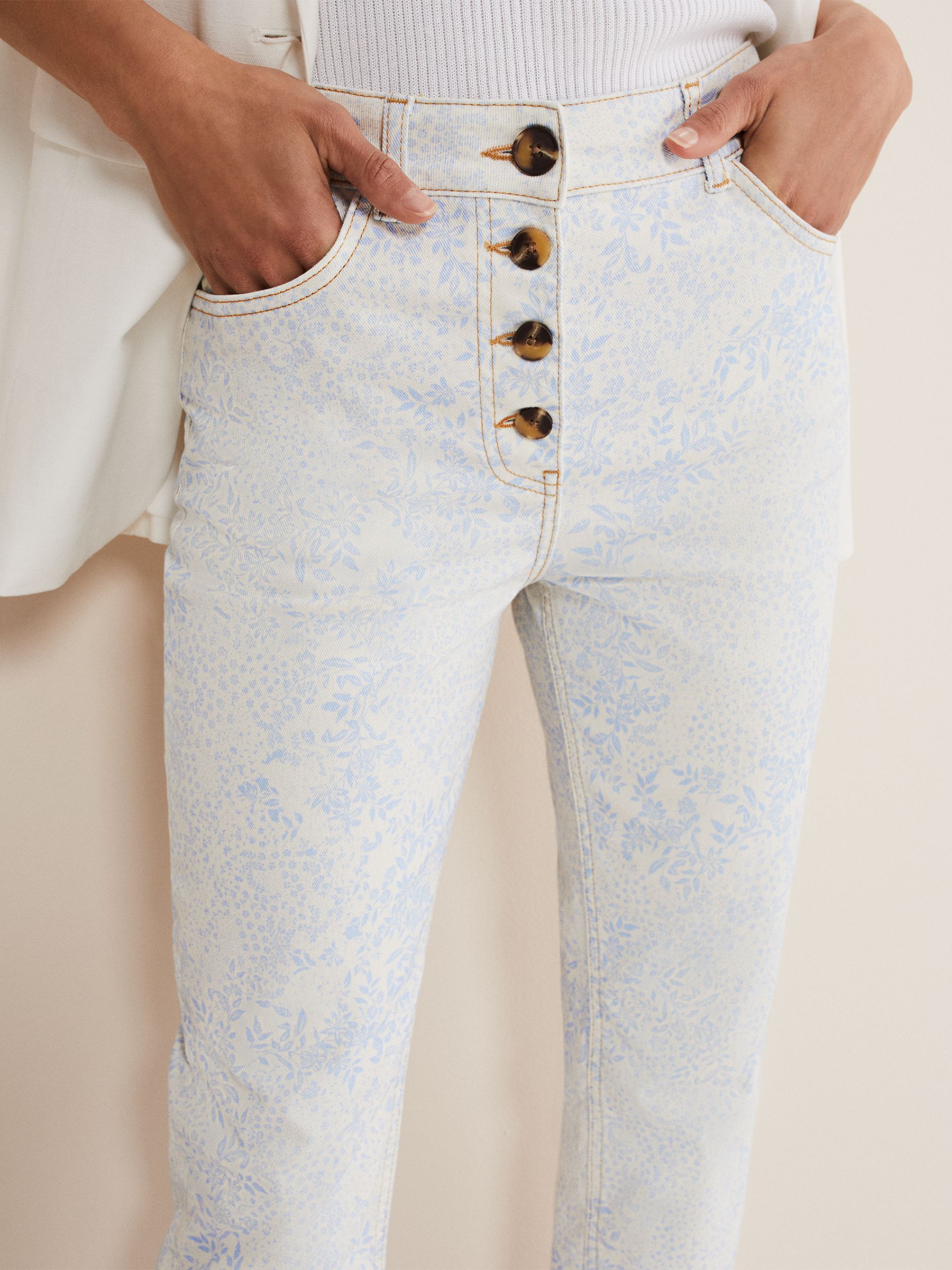 Phase Eight Cordelia Floral Print Jeans, Ivory/Blue, 8