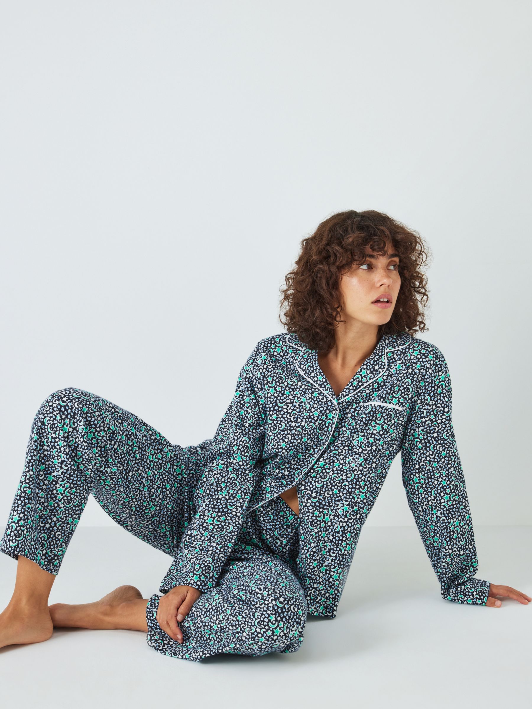 John Lewis Patti Moon & Stars Shirt Pyjama Set, Blue/Multi