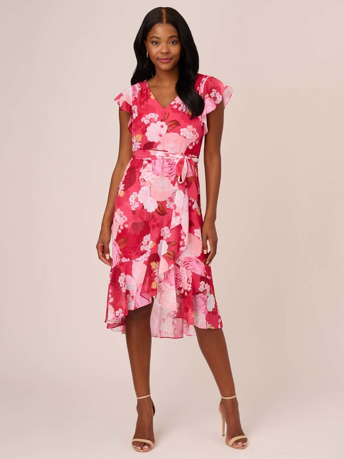 Adrianna Papell Frill Floral Chiffon Dress Pink Multi 6