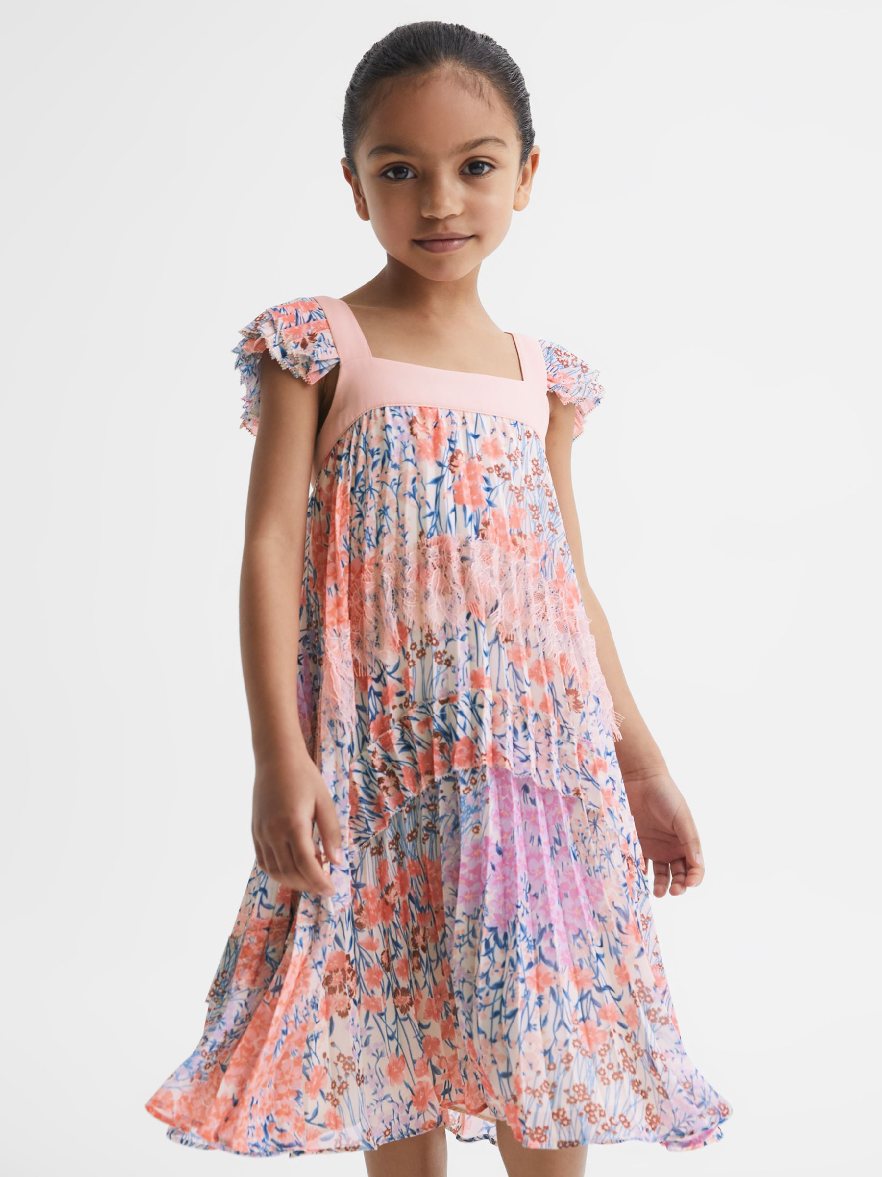 Reiss Kids' Aster Floral Print Dress, Pink/Multi