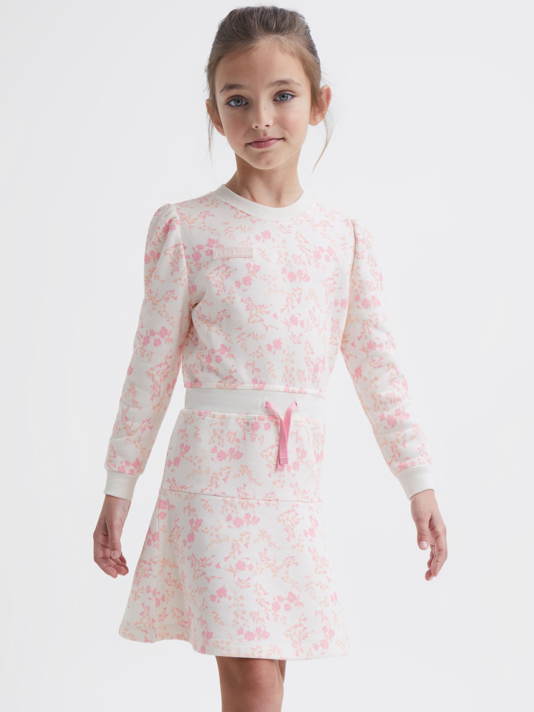 Reiss Kids' Maeve Floral Print Jersey Knee Length Dress, Pink/Multi
