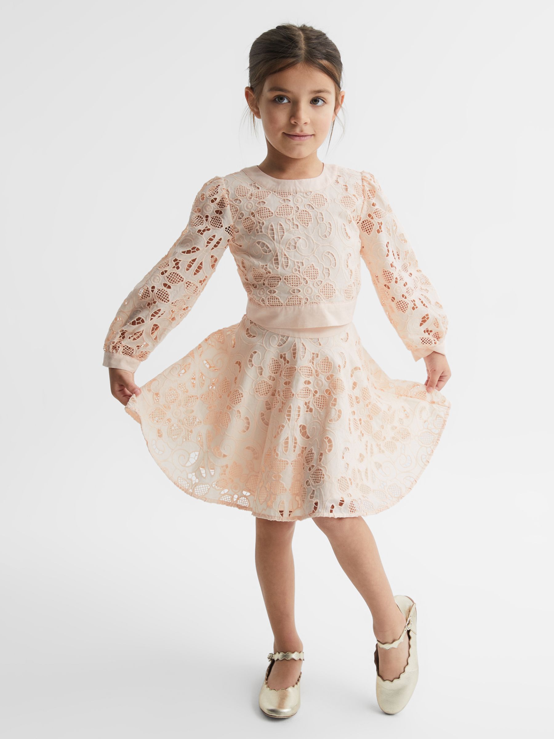 Reiss Kids' Nella Cotton Lace Mini Skirt, Pink, 4-5 years