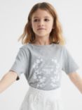 Reiss Kids' Bobbi Floral Logo Cotton T-Shirt, Grey Marl