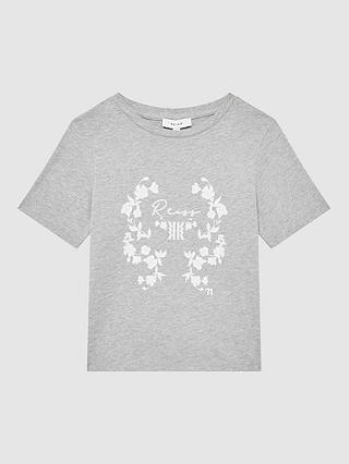 Reiss Kids' Bobbi Floral Logo Cotton T-Shirt, Grey Marl