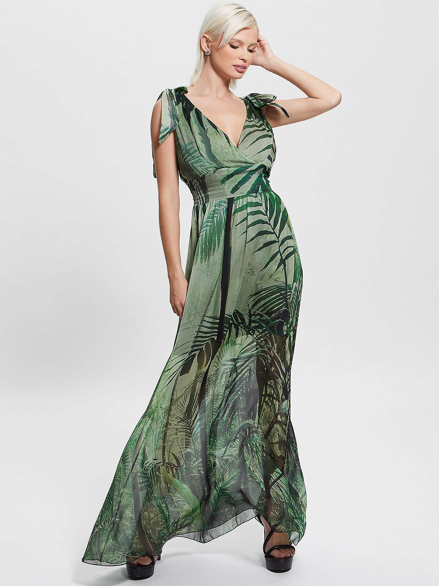 GUESS Smocked Venus Silk Blend Maxi Dress, Rainforest at John Lewis ...