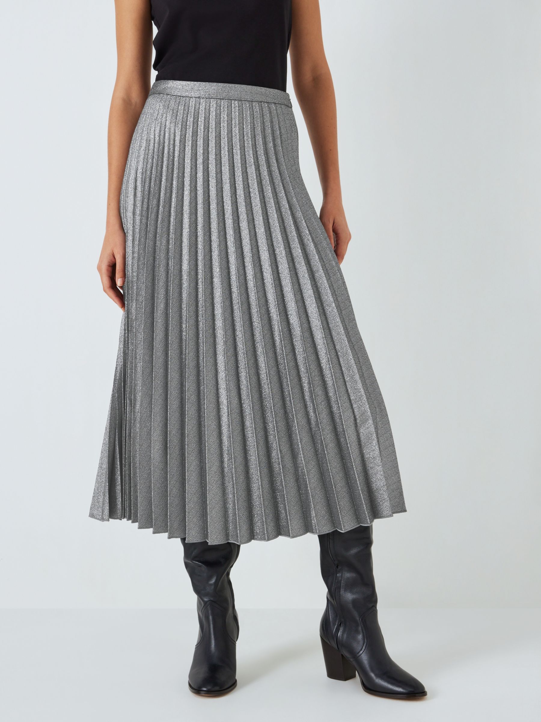 John Lewis Metallic Pleated Skirt, Black/Silver at John Lewis & Partners