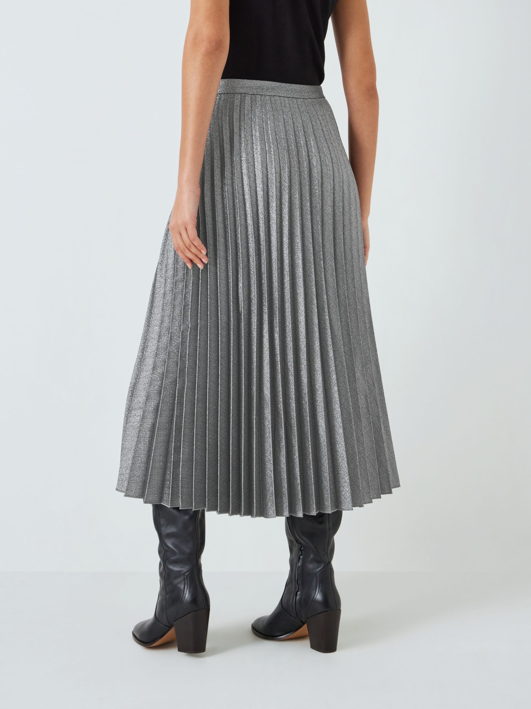 John Lewis Metallic Pleated Skirt, Black/Silver