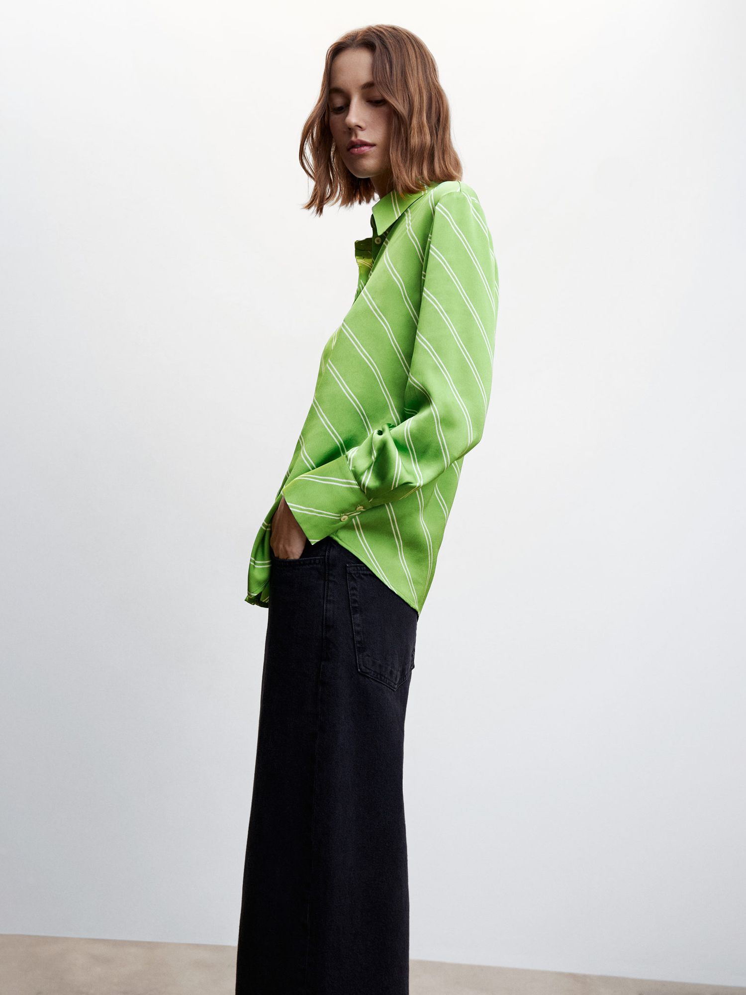 Mango Ideale Stripe Satin Shirt, Bright Green at John Lewis & Partners
