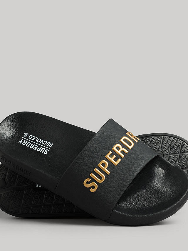 Superdry CODE Logo Pool Sliders, Black/Metallic Gold
