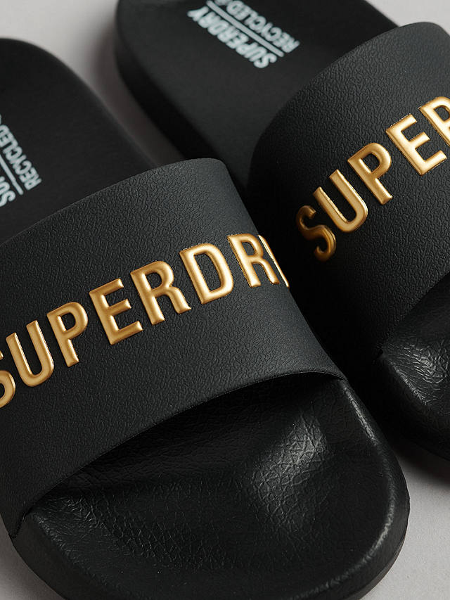 Superdry CODE Logo Pool Sliders, Black/Metallic Gold