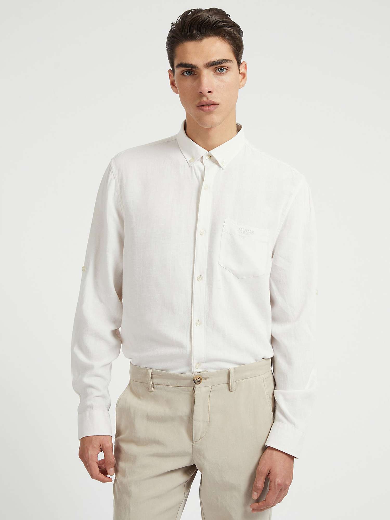 GUESS Long Sleeve Linen Blend Shirt, Pure White at John Lewis & Partners