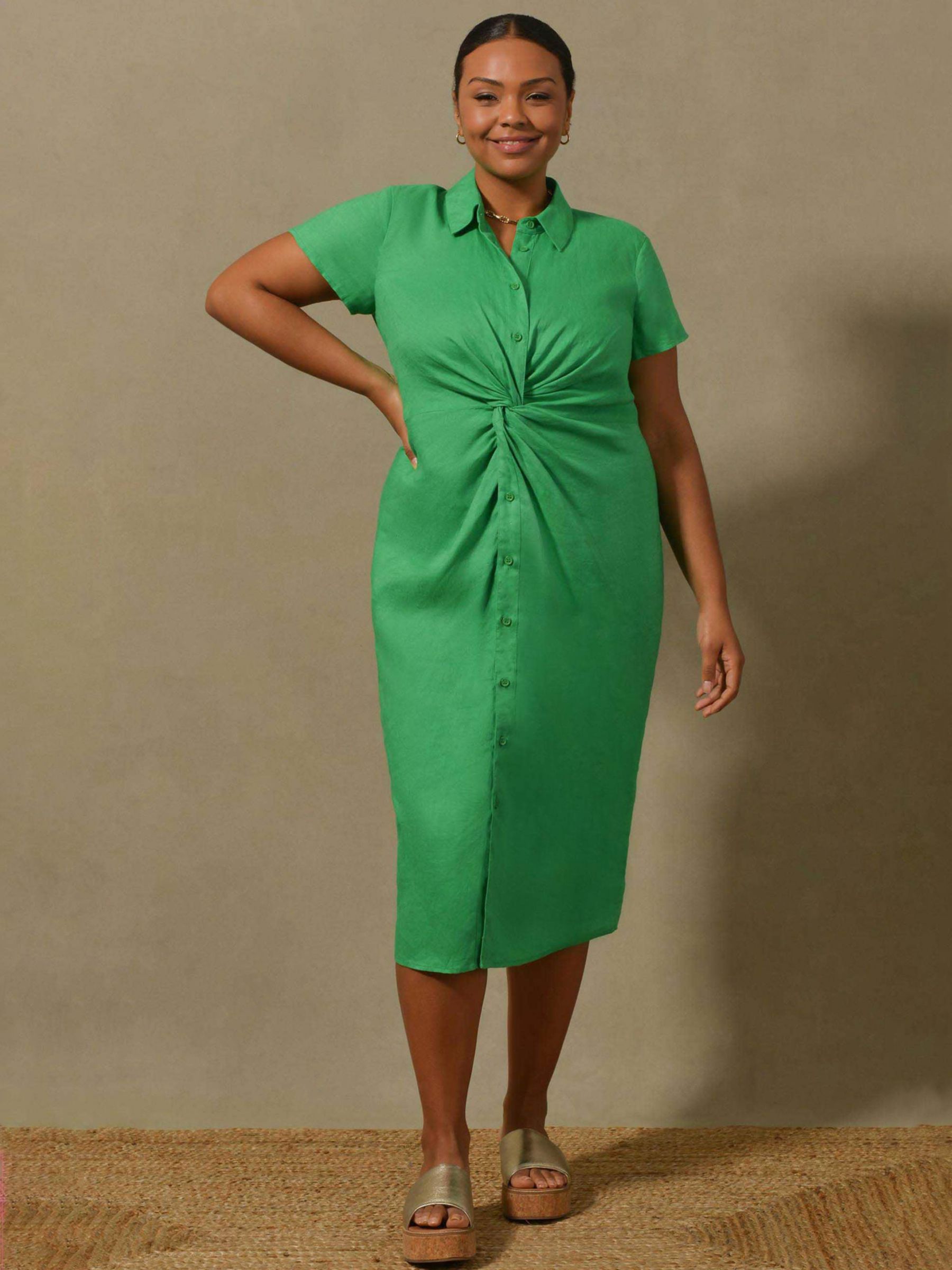 Live Unlimited Curve Plain Knot Linen Shirt Dress, Green, 22