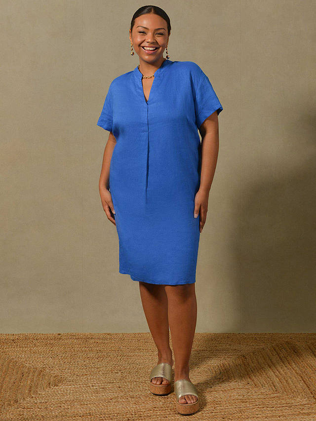 Live Unlimited Curve Nehru Collar Linen Knee Length Dress, Blue