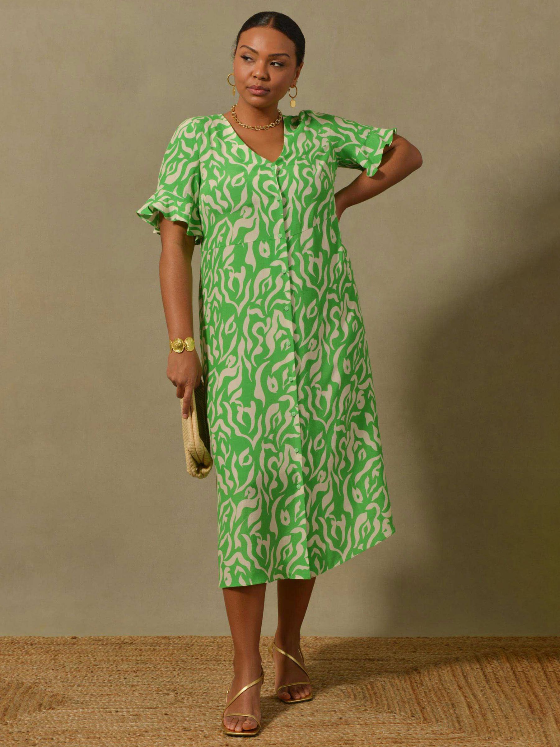 Live Unlimited Curve Abstract Print Shirt Dress, Green