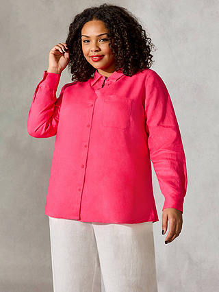 Live Unlimited Curve Linen V Neck Button Through Shirt, Pink