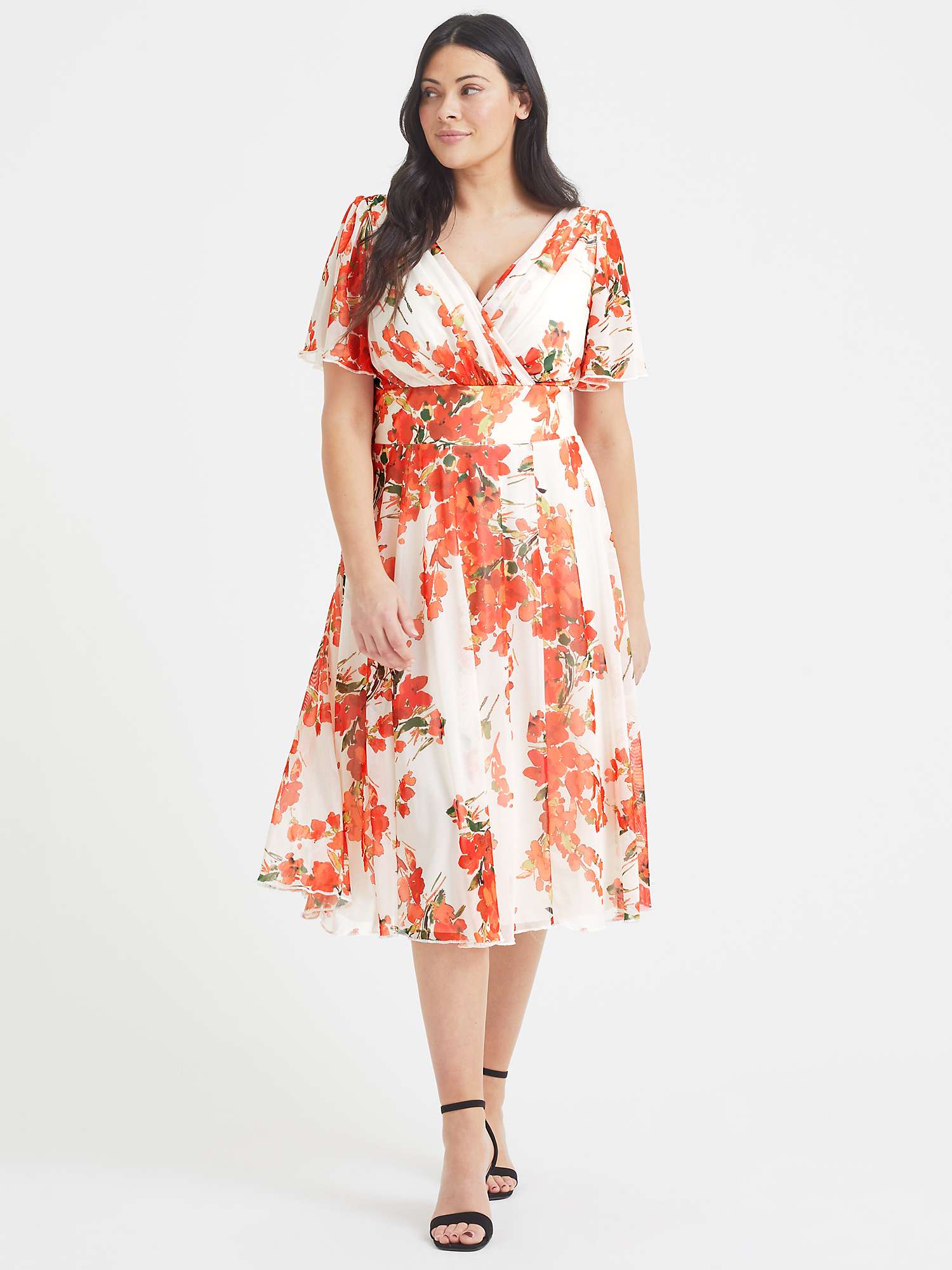 Buy Scarlett & Jo Victoria Floral Print Angel Sleeve Midi Dress, Cream Coral Online at johnlewis.com