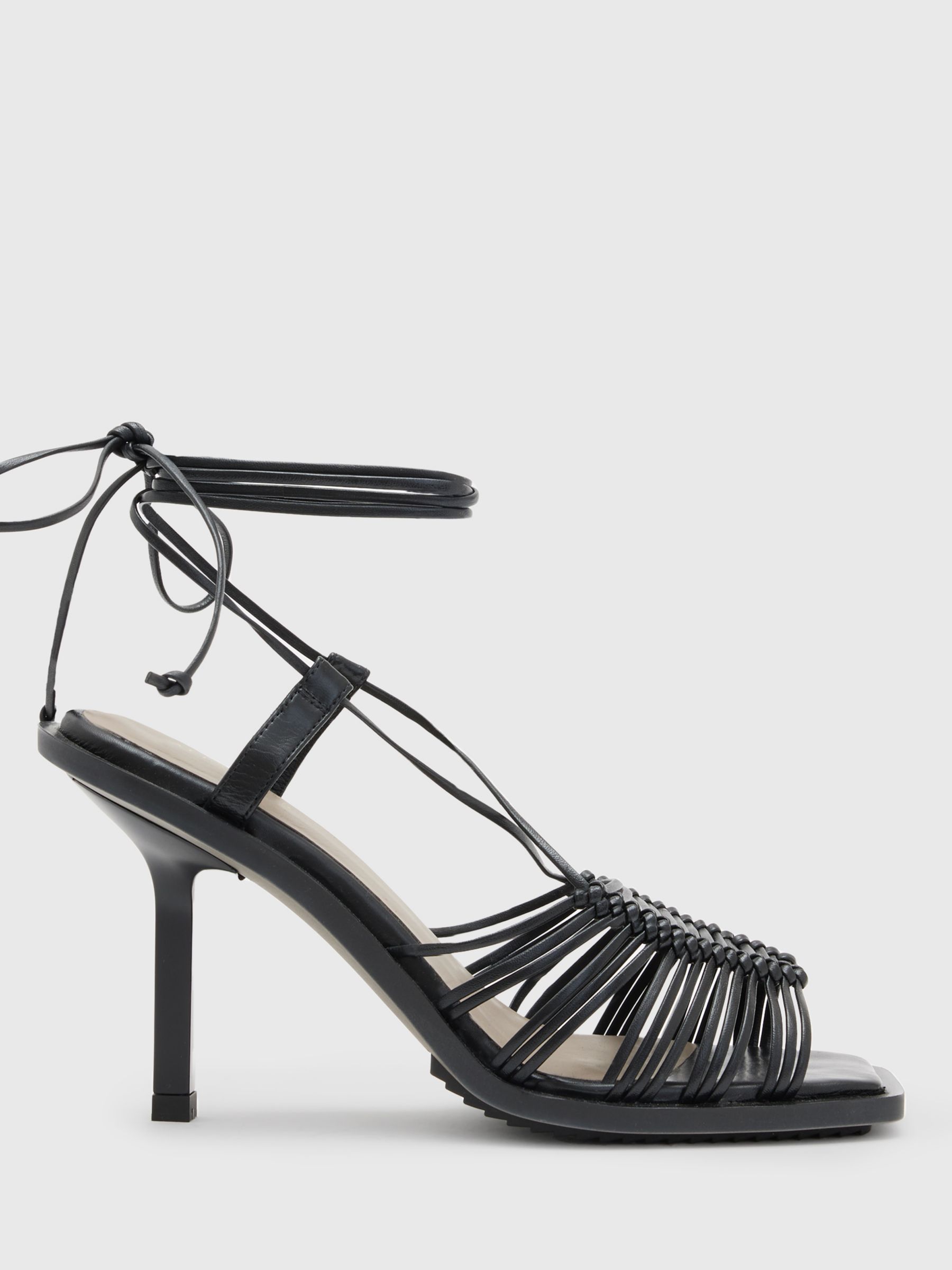 AllSaints Dina Leather Rope Strappy Heeled Sandals, Black, EU36