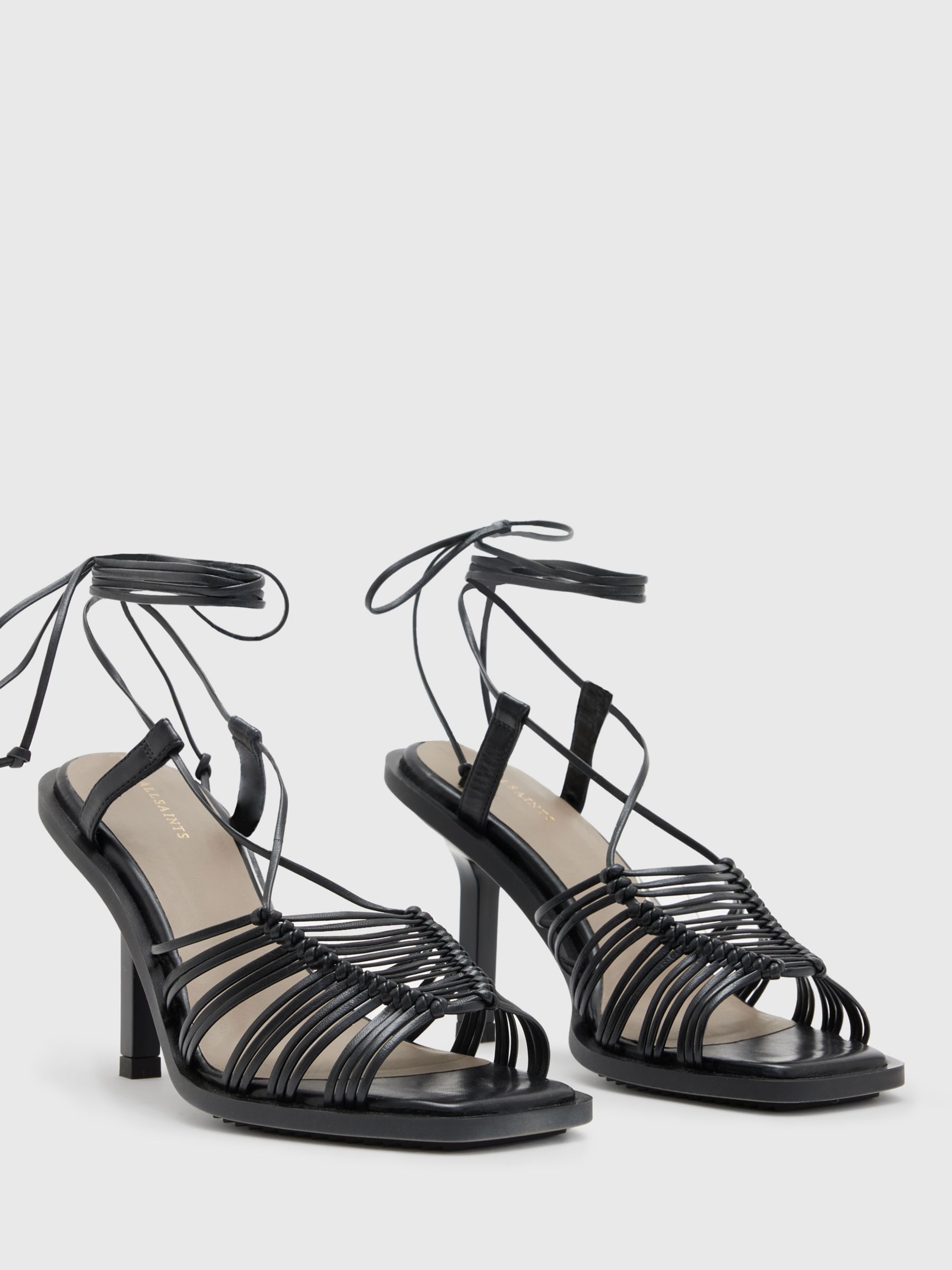 AllSaints Dina Leather Rope Strappy Heeled Sandals, Black, EU36