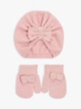 John Lewis Baby Bow Turban & Mitten Set, Pink