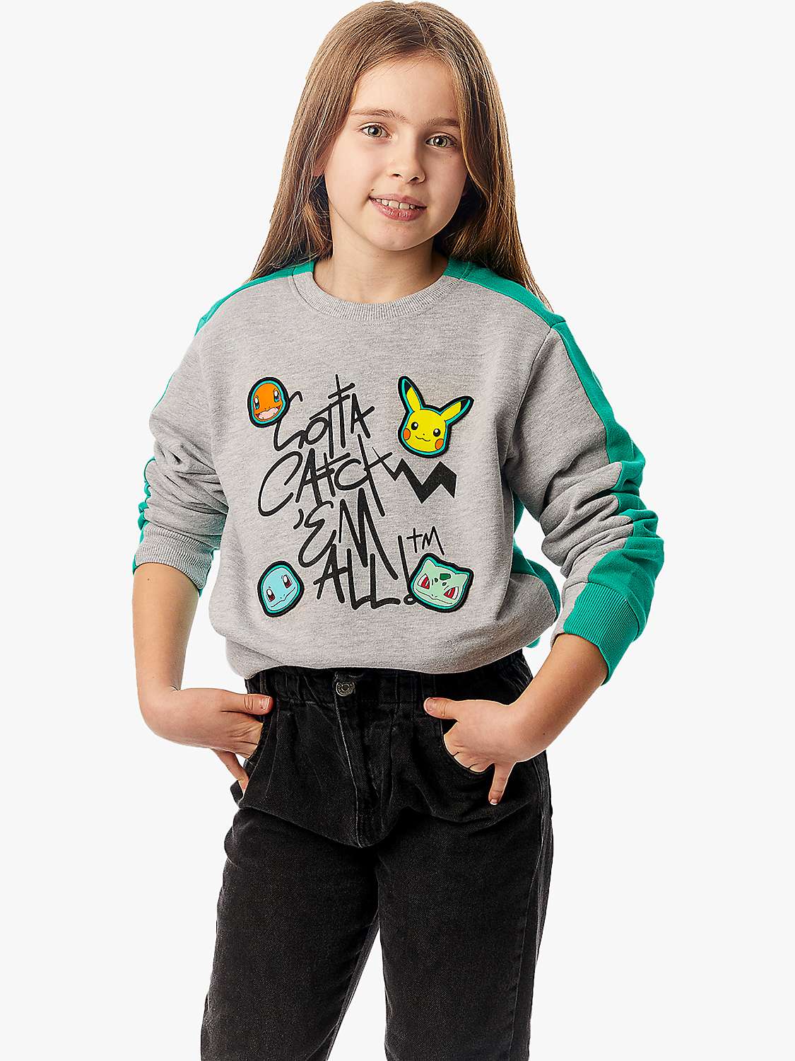 Buy Fabric Flavours Kids' Pokemon Colour Block Sweatshirt, Grey Marl/Green Online at johnlewis.com