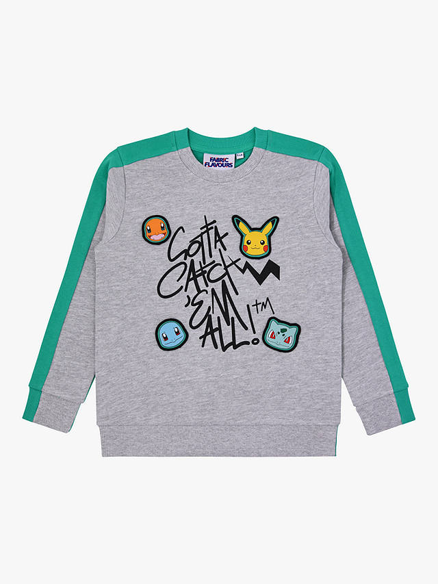 Fabric Flavours Kids' Pokemon Colour Block Sweatshirt, Grey Marl/Green