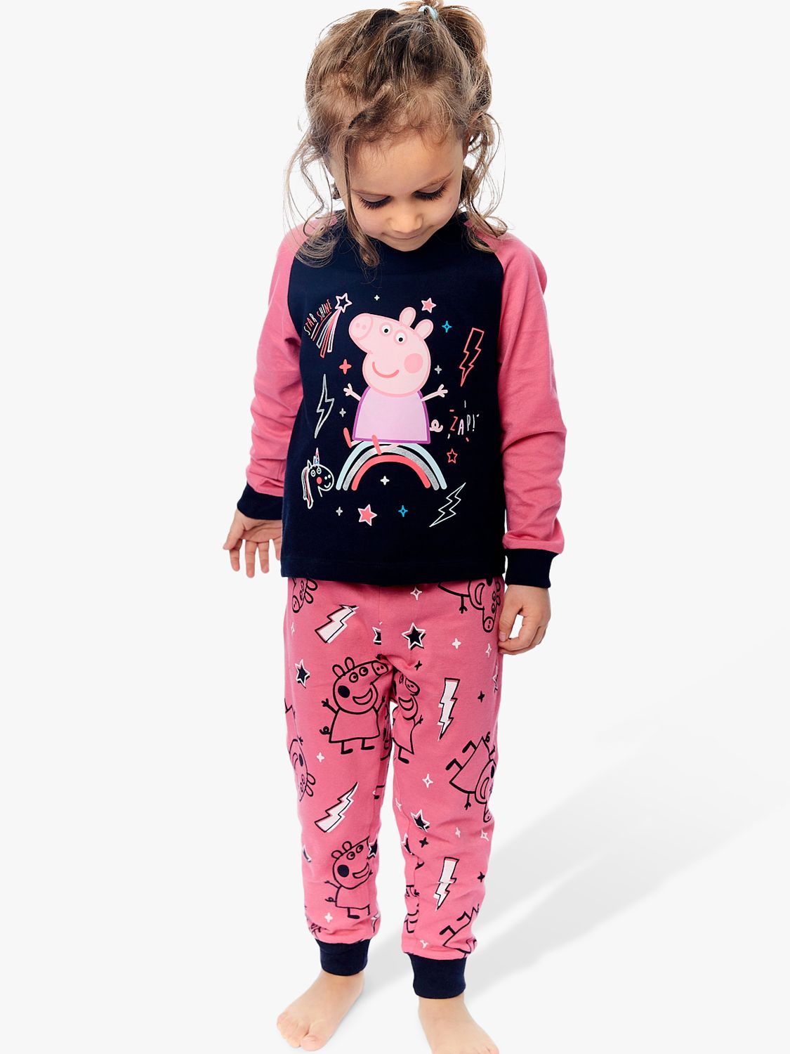Buy Fabric Flavours Kids' Peppa Pig Lightning Pyjamas, Pink/Navy Online at johnlewis.com
