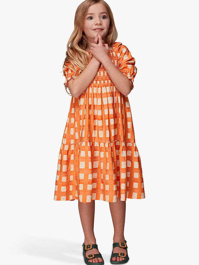 Whistles Kids' Eden Smocked Bodice Dress, Orange/Multi