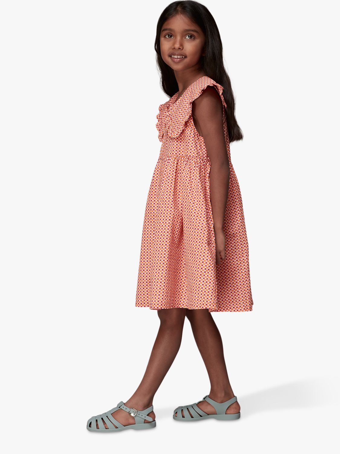 Whistles Kids' Nova Cotton Ditsy Square Peter-Pan Collar Dress, Pink/Multi, 8-9 years