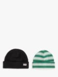 John Lewis Kids' Plain Fleece and Stripe Beanie Hat, Pack of 2, Black/Green, Black/Green