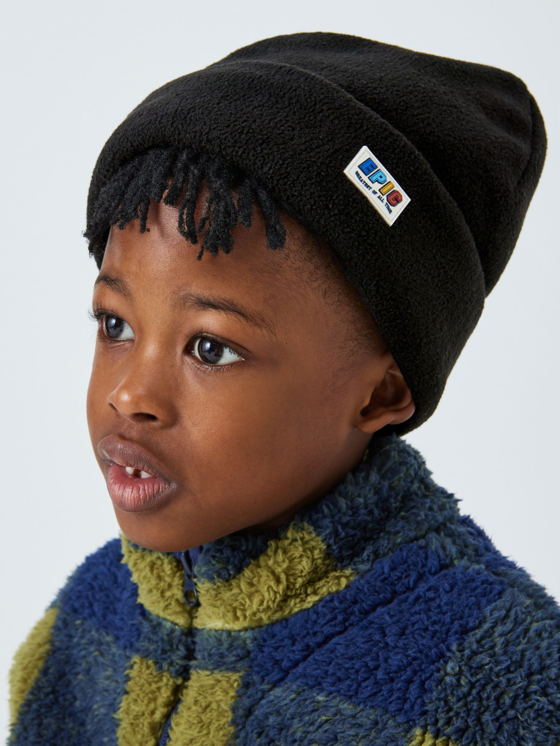 John Lewis Kids' Plain Fleece and Stripe Beanie Hat, Pack of 2, Black/Green, 3-5 years