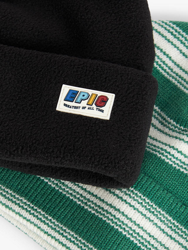 John Lewis Kids' Plain Fleece and Stripe Beanie Hat, Pack of 2, Black/Green