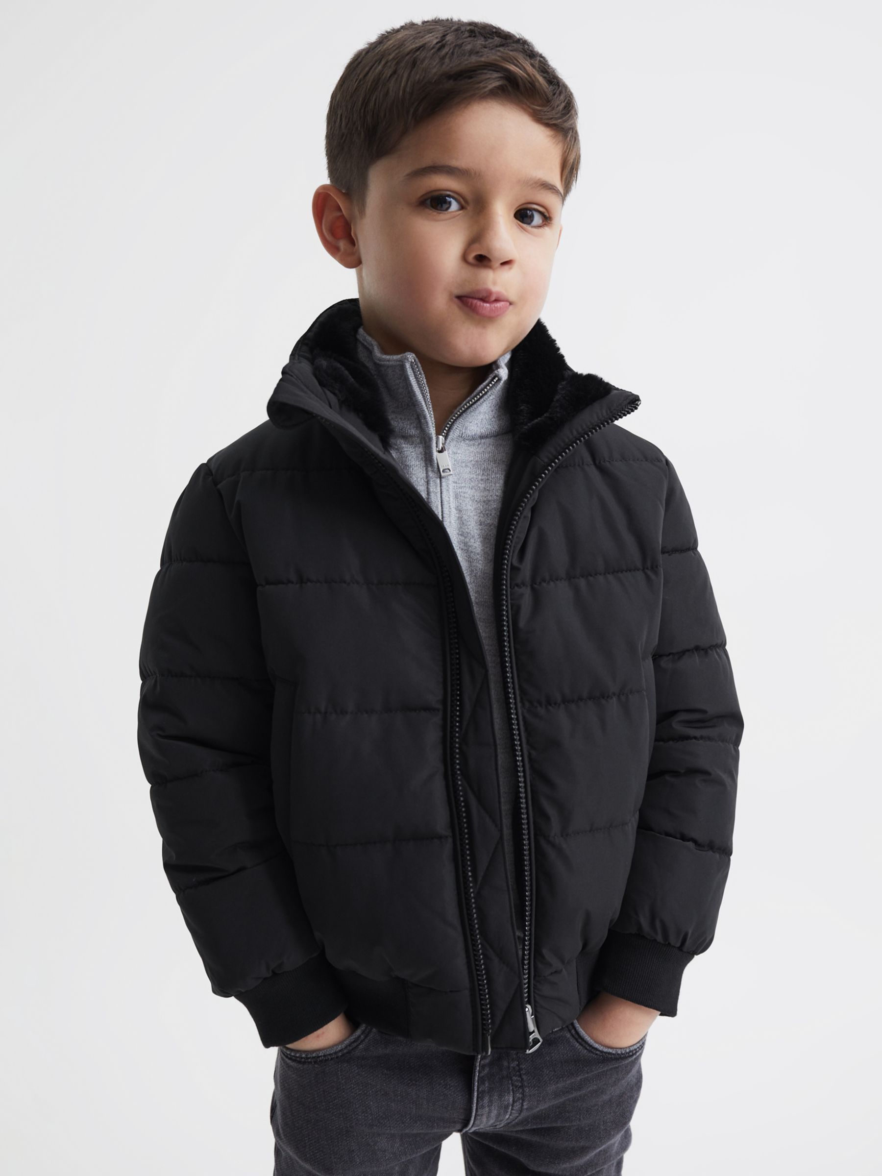 Reiss Kids' Frost Faux Fur Collar Puffer Jacket, Black