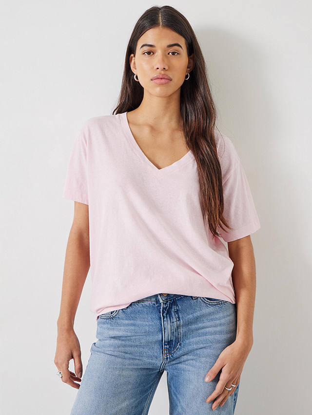 HUSH Plain Deep V-Neck Linen Blend T-Shirt, Pink