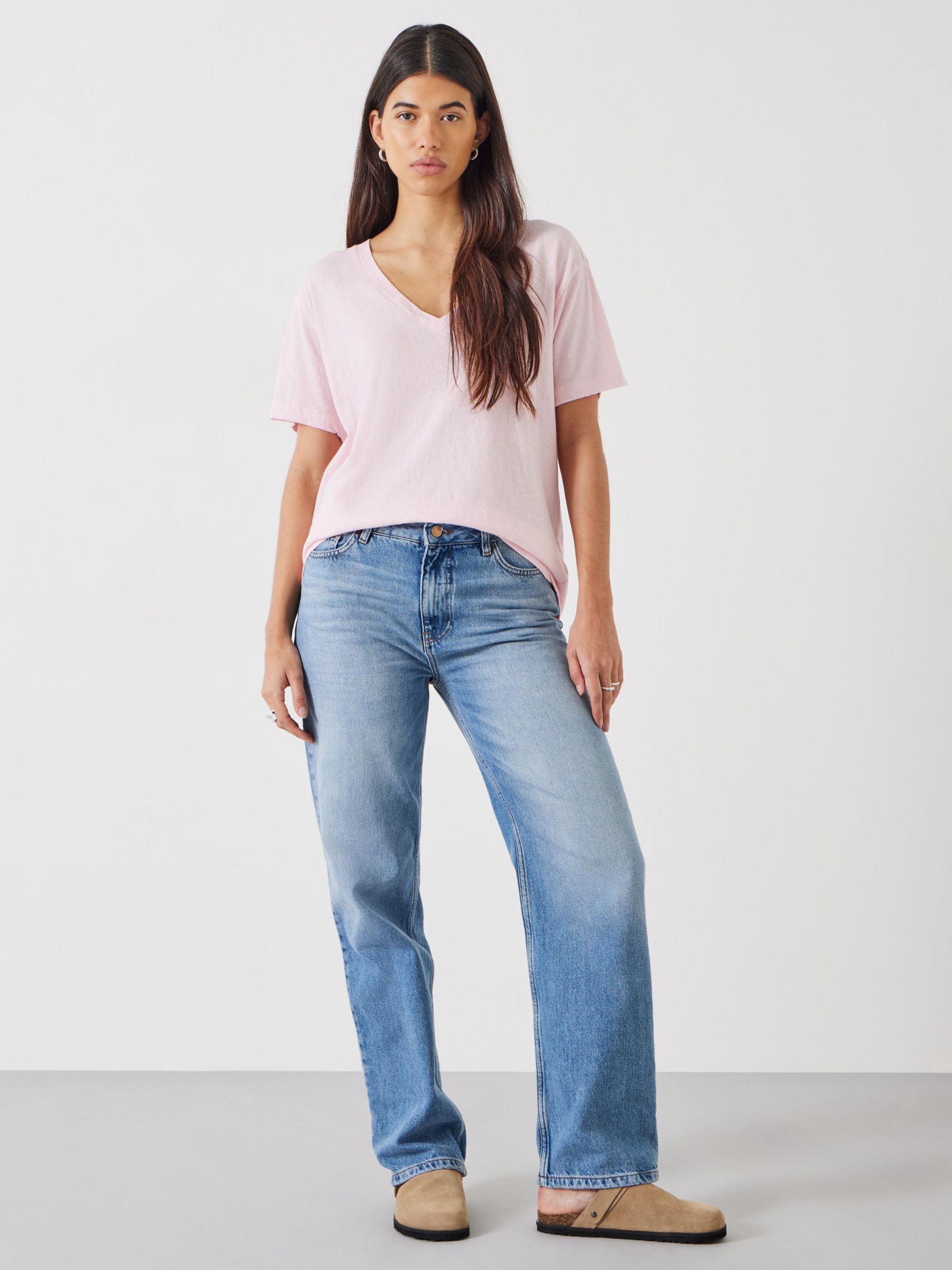 HUSH Plain Deep V-Neck Linen Blend T-Shirt, Pink, XL