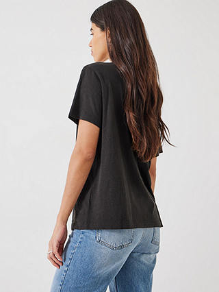 HUSH Plain Deep V-Neck Linen Blend T-Shirt, Black